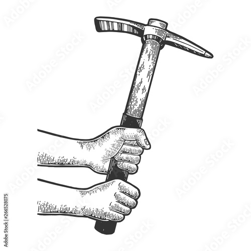 Hands with pick pickaxe tool sketch engraving vector illustration. Scratch board style imitation. Black and white hand drawn image.