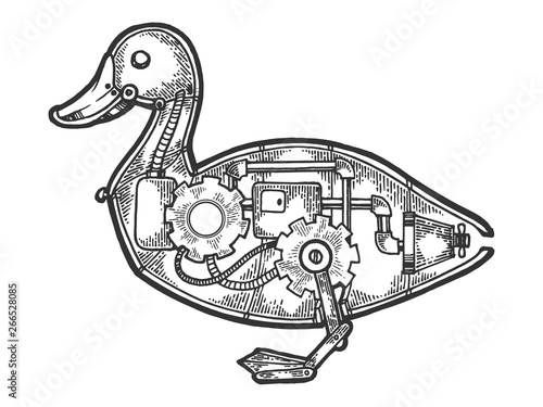 Mechanical duck bird animal sketch engraving vector illustration. Scratch board style imitation. Black and white hand drawn image.