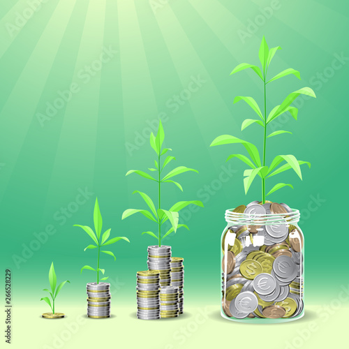 Coins stacks with a plants growing on the top.