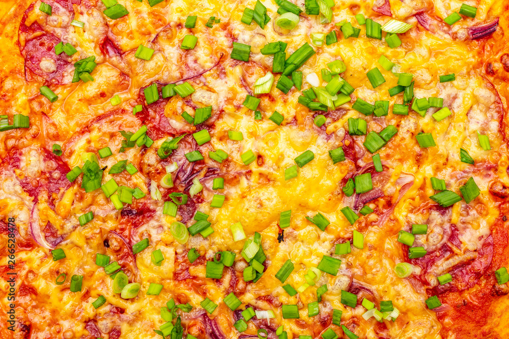Hot homemade Salami pizza cooking background top view macro Hot homemade Salami pizza cooking background top view macro