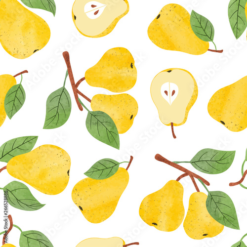Seamless watercolor pears pattern. Vector fruit background.