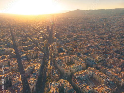 Aerial view of Barcelona Eixample residencial district, Sagrada familia, typical urban squares, Spain.2019 photo