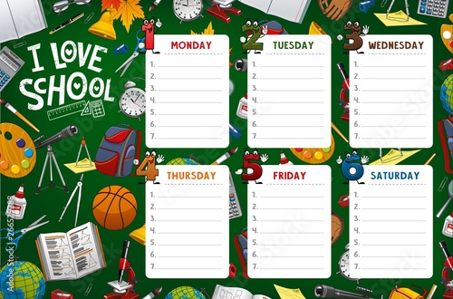 School timetable week schedule, classes supplies