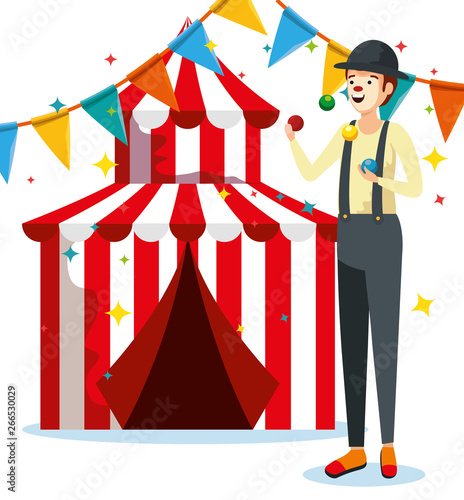 man mime costume with circus and party banner