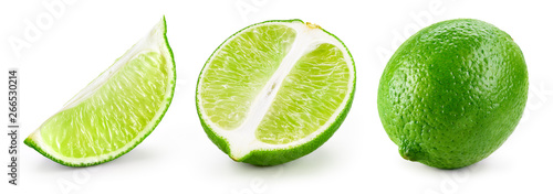 Lime isolated. Lime set: slice, piece, half, quarter, part, segment, section isolate on white.