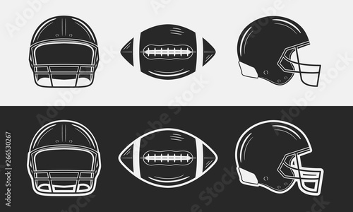 American football set. Football helmets, front and side views. Football ball. Black and white. Vintage design elements. Vector illustration