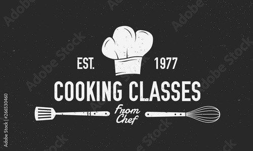 Chef vintage logo. Cooking Classes template logo with chef's hat, spatula and whisk. Label, badge, poster for food studio, cooking courses, culinary school. Vector illustration