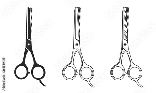 Vector Barber scissors isolated on white background. Hair scissors icon in 3 other styles.
