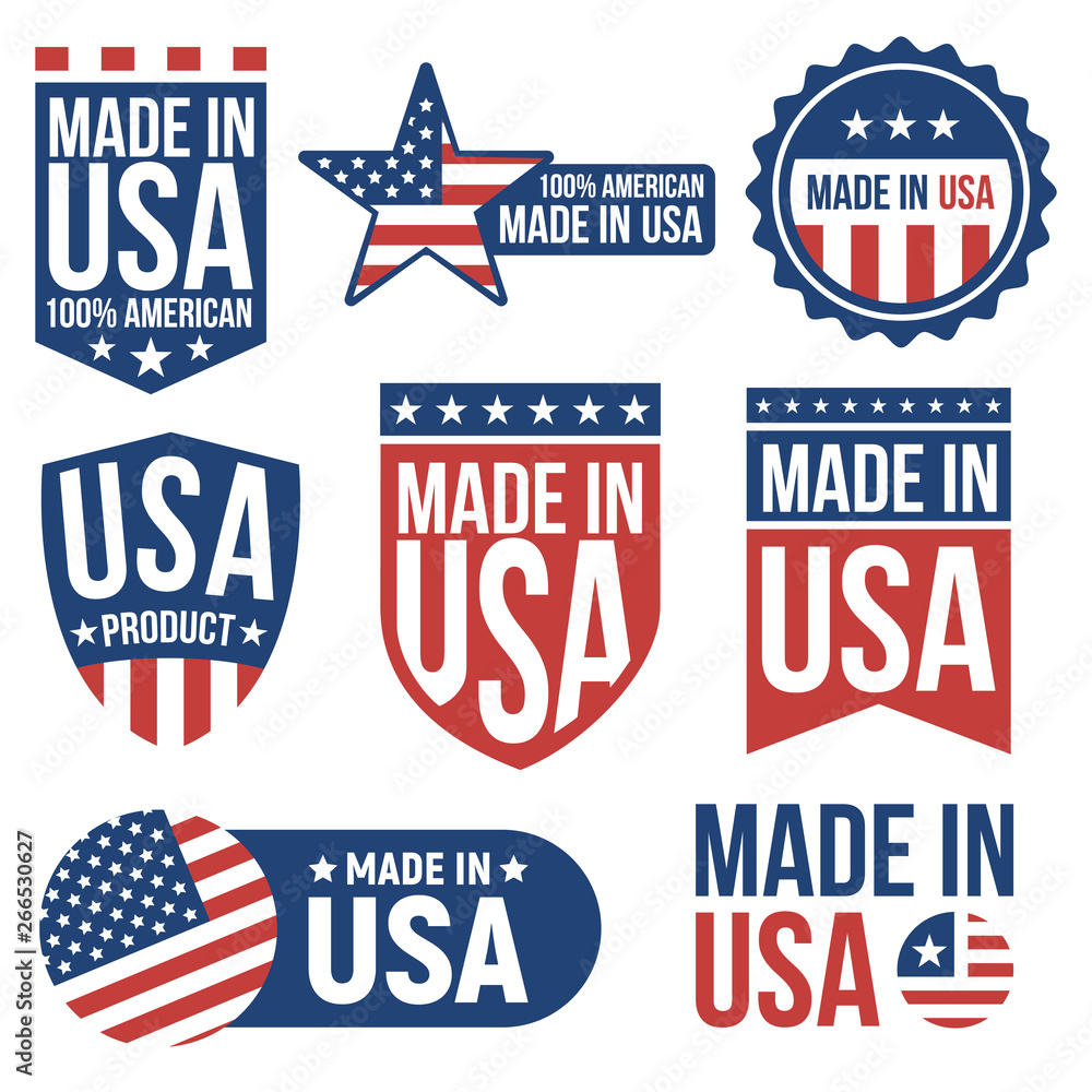 Vector set of Made in the USA labels, signs and badges isolated on white background.