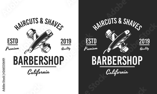 Barbershop logo. Black and White.  Barber shop logo with razor and pole. Vintage poster for barber shop. Retro print for Haircut's salon, T-shirt, typography. Vector graphic template