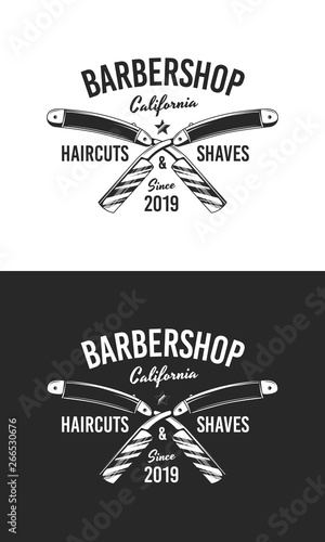 Barber shop sign, label. Black and White. Barber shop logo with barbershop razor. Vintage poster. Retro print for typography. Vector template.
