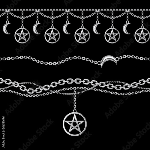 Set collection of silver metallic chain borders with pentagram and moon pendant. On black. Vector illustration