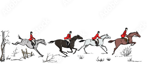 Equestrian sport fox hunting with horse riders english style in red jacket on landscape. England steeplechase tradition frame, header banner or border. Hand drawing vector vintage art pattern on white photo