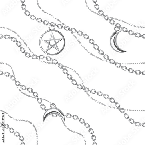 Seamless pattern background with pentagram and moon pendants on silver metallic chain. On white. Vector illustration