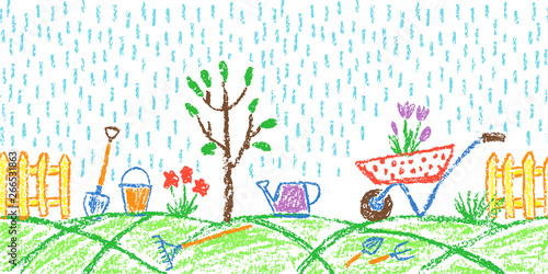 Rain in garden. Seamless summer border background gardening tools or farm set. Like child hand drawing outdoor copy space. Crayon pencil vector flower, watering can, shovel, fence, cart, plant, rake