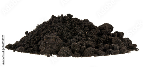 Pile of soil isolated on white background close up. Pieces of dirt, lumps.
