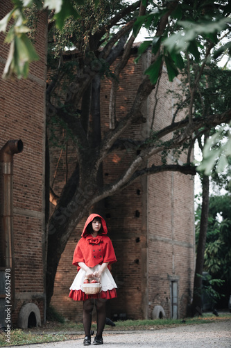 Portrait young woman with Little Red Riding Hood costume in green tree park © Oran Tantapakul