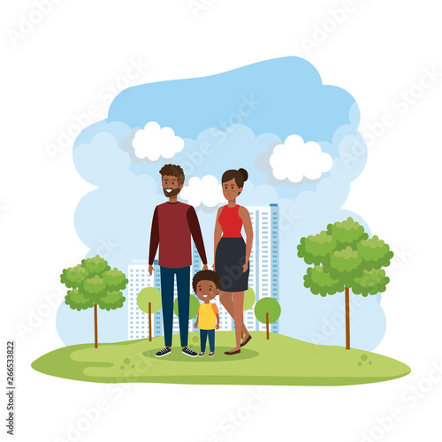 interracial parents couple with son in the park scene