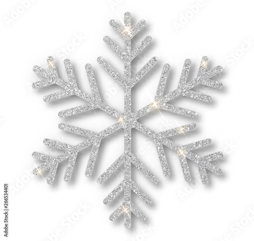 Silver snowflake, Christmas decoration, covered bright glitter. Silver glitter texture snowflake isolated. Xmas ornament silver snow with bright sparkle