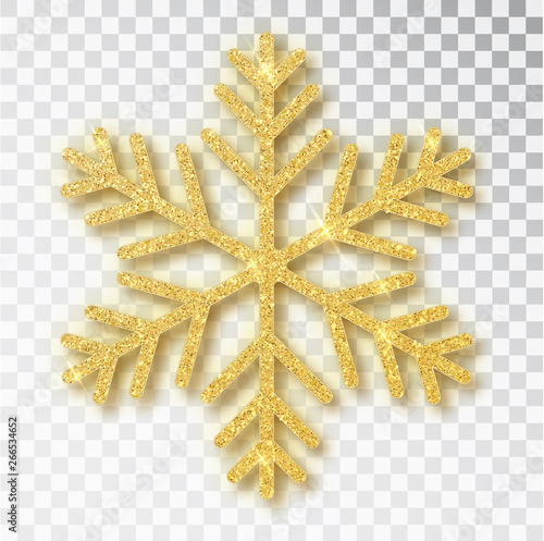 Christmas decoration, golden snowflake covered bright glitter, on transparent background. Xmas ornament gold snow with bright sparkles