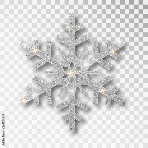 Silver snowflake isolated on a transparent background. Christmas decoration, covered bright glitter. Silver glitter texture snowflake isolated. Xmas ornament silver snow with bright sparkle