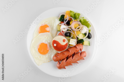 Plate with sausages top view