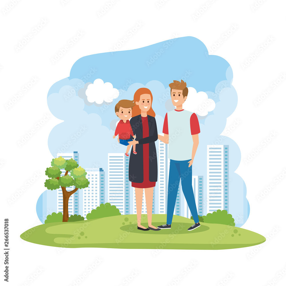 parents couple with son in the park scene parents couple with son in the park scene