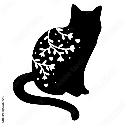 Vector silhouette of black cat with floral ornament. Isolated on white background.