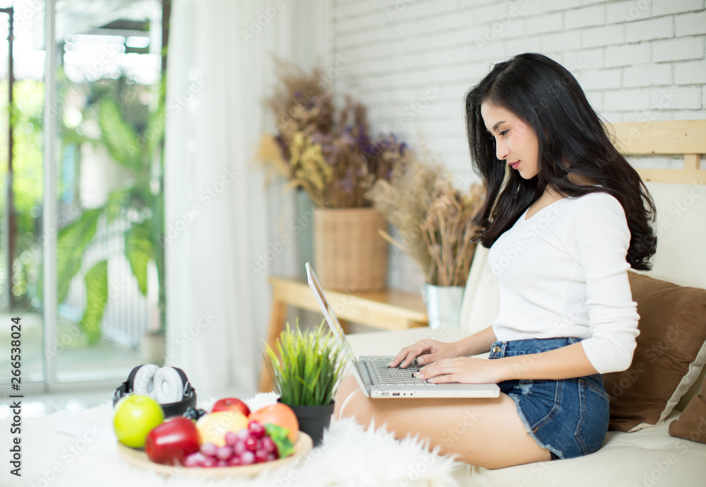 Young beautiful woman using a laptop computer at home. Young beautiful woman using a laptop computer at home.