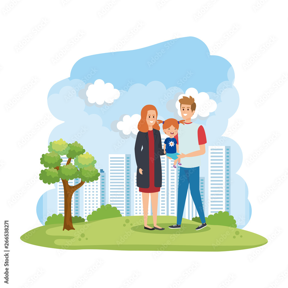 parents couple with daughter in the park scene parents couple with daughter in the park scene