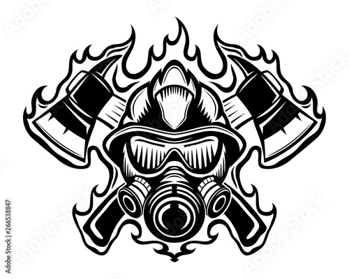 Firefighter with axes in flame sign on a white background.