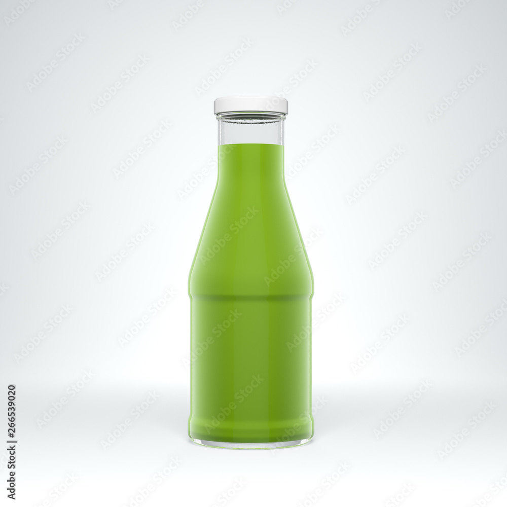 Transparent glass bottle with white cap filled by vegetable juice on the white background. Transparent glass bottle with white cap filled by vegetable juice on the white background.
