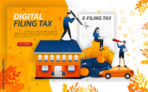digital filing tax, filling in online taxes, people who report their wealth online, concept vector ilustration. can use for, landing page, template, ui, web, mobile app, poster, banner, flayer