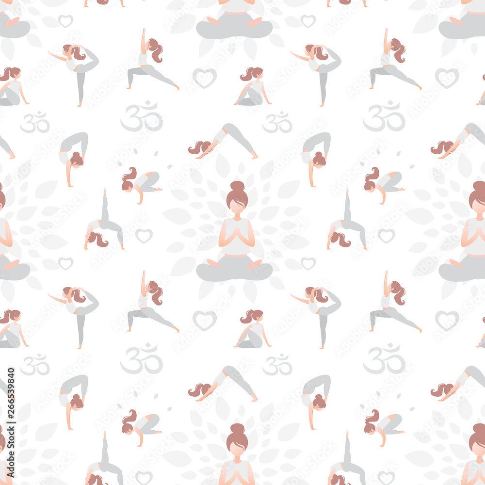 Seamless pattern with woman in different yoga poses,