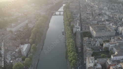 Aerial view of the Tiber River and center of Rome, Italy. Coliseum. Ancient capital. From drone.