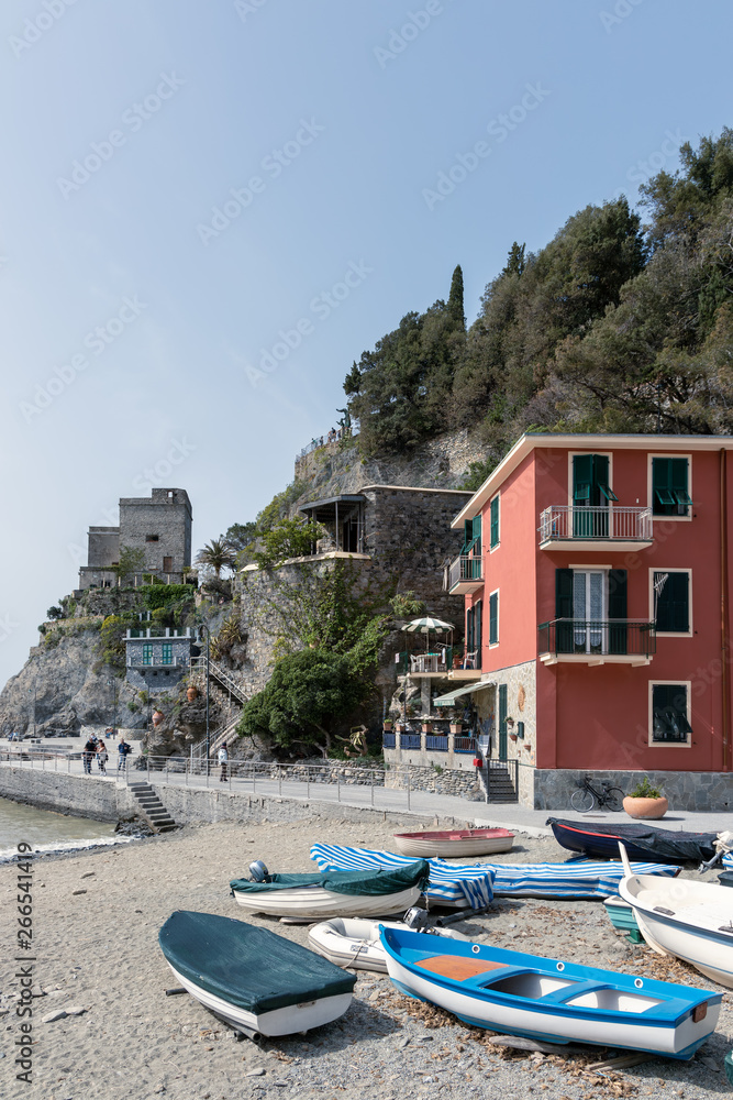MONTEROSSO, LIGURIA/ITALY  - APRIL 22 : View of the coastline at Monterosso Liguria Italy on April 22, 2019. Unidentified people