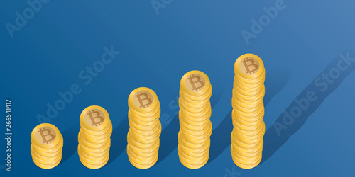 Concept de gagner de l’argent et de spéculer pour s’enrichir en Bitcoin, avec des piles de pièces de monnaies de plus en plus hautes.