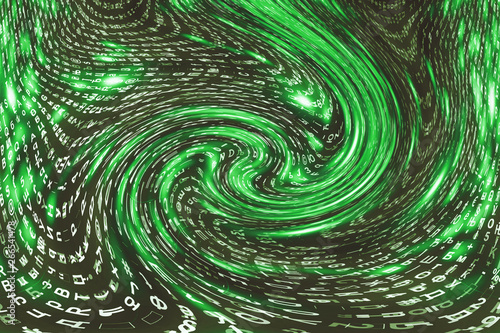 Green matrix digital background. Distorted cyberspace concept. Characters fall down in wormhole. Hacked matrix. Virtual reality design. Complex algorithm data hacking. Green digital sparks.