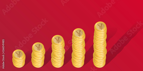 Concept de gagner de l’argent et de spéculer pour s’enrichir en Yuan, avec des piles de pièces de monnaies de plus en plus hautes.
