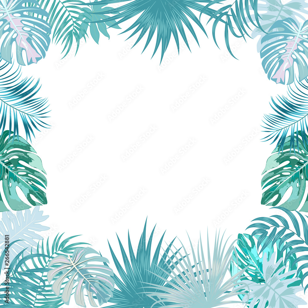 Vector tropical jungle frame with palm trees and leaves on white background Vector tropical jungle frame with palm trees and leaves on white background