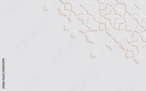 Islamic arabesque design greeting card for Ramadan Kareem,Arabic ornamental monochrome detail of mosaic isolated on a light background