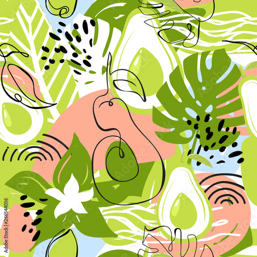 Contemporary seamless pattern with avocado fruits, leaves and abstract elements. Creative floral collage. Vector texture for textile, wrapping paper, scrapbooking, packaging etc. Vector illustration.