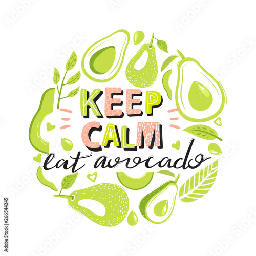 Set of avocado fruit and lettering. Typography slogan design 