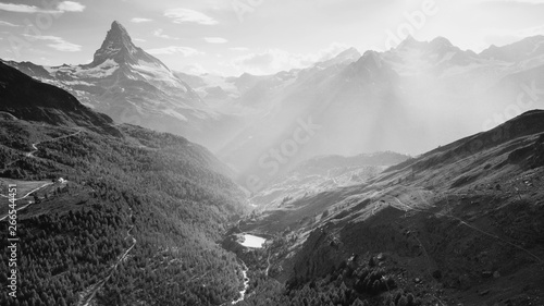 Matterhorn mountain in Swiss Alps with sunrays