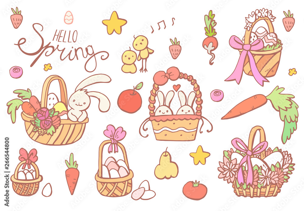 Fototapeta premium 1Happy Eastel. Spring, hares, rabbits, chickens, chicken, basket, eggs, carrots