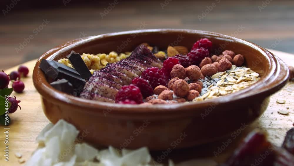turntable shot of delicious vegan breakfast presented in a large clay bowl turntable shot of delicious vegan breakfast presented in a large clay bowl