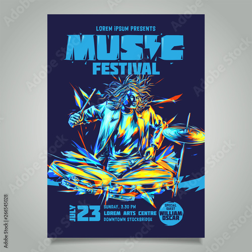 Vector template for a concert poster or a flyer featuring a musician playing drum