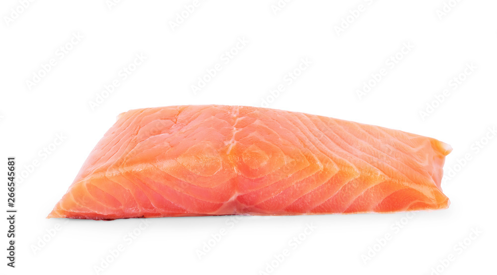 An overhead photo of slices of salmon on a white background