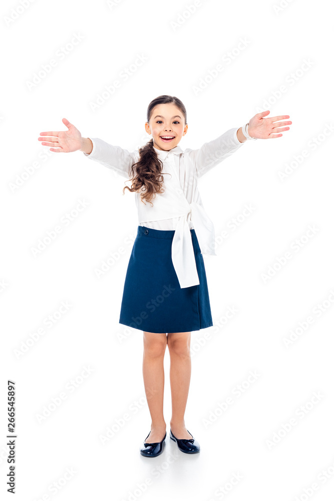 happy schoolgirl in formal wear with outstretched hands on white happy schoolgirl in formal wear with outstretched hands on white