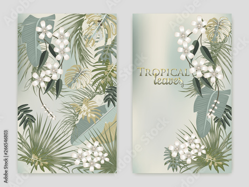 Vector tropical jungle cover with palm trees and leaves in olive green colors